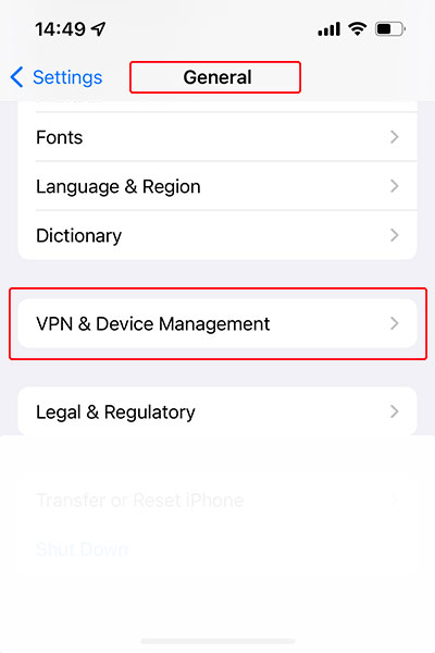 WorldGo ios install custom enterprise app, step 2 - go to vpn & device management page